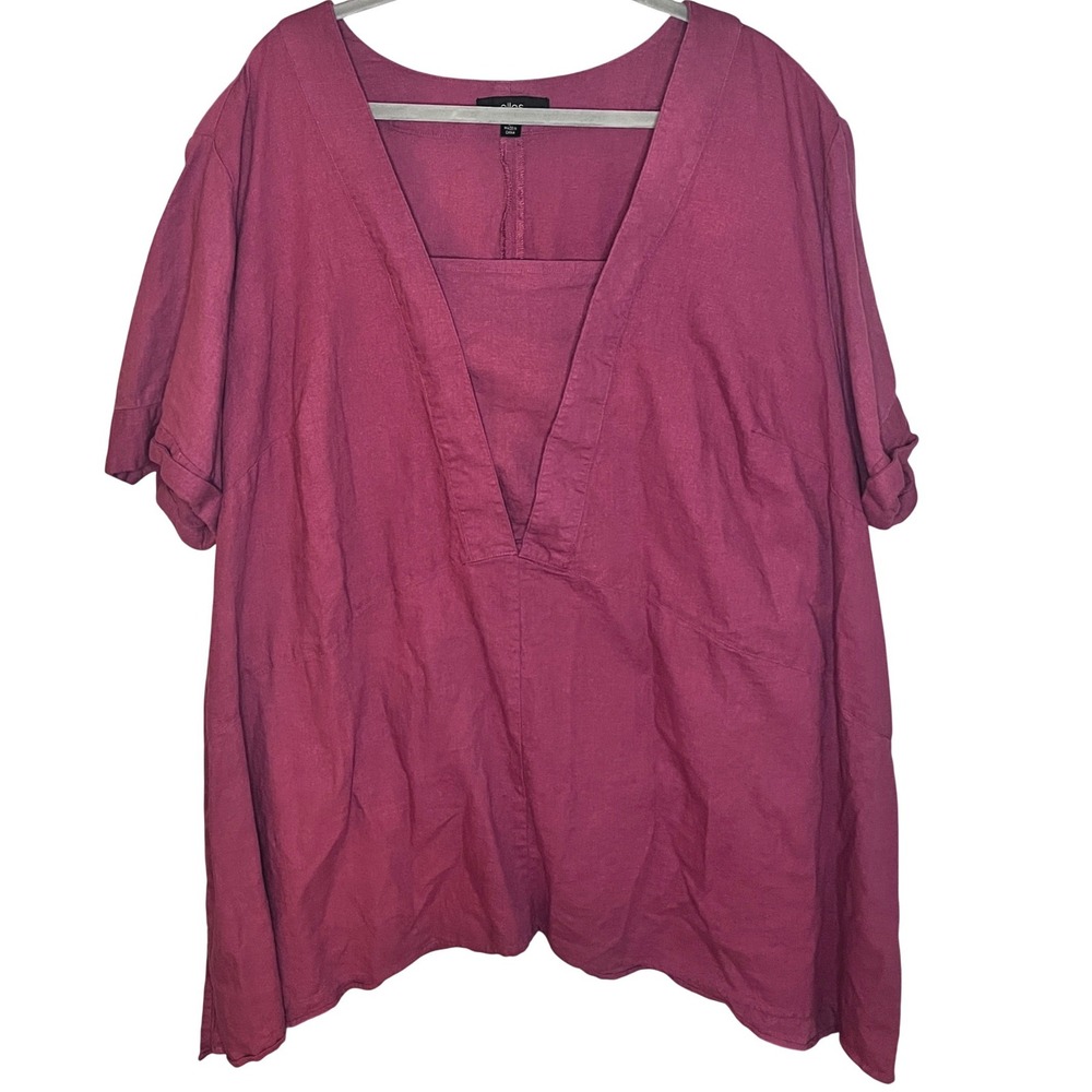 Ellos‎ Womens 3X Plus Linen Blend V-Neck Tunic Top Short Sleeve 30/32 Lagenlook